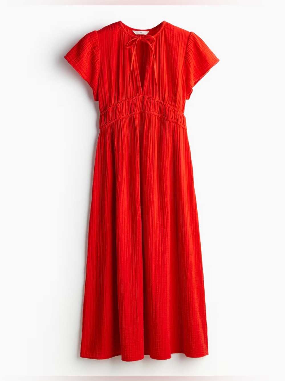 H&M Vivid Red Cotton Muslim Tie-Neck Midi Dress